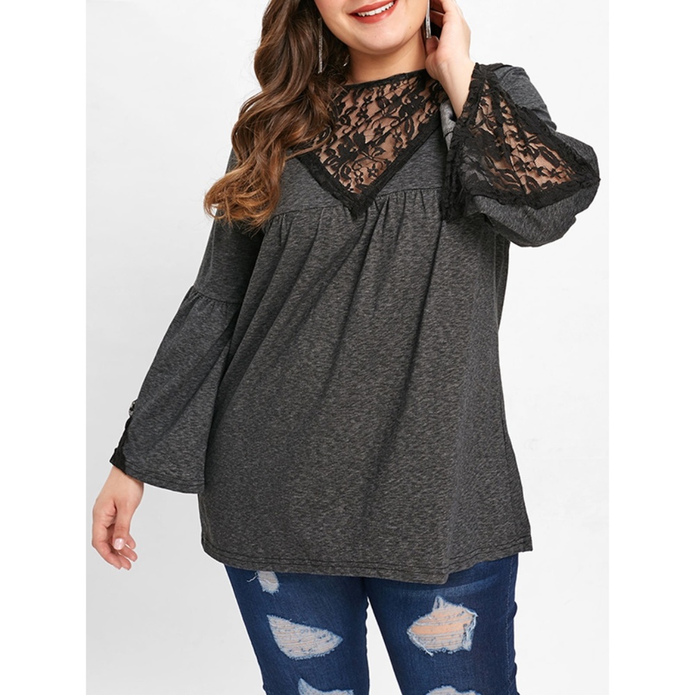 ☀ Plus Size Lace Panel Flare Sleeve T-shirt ☀